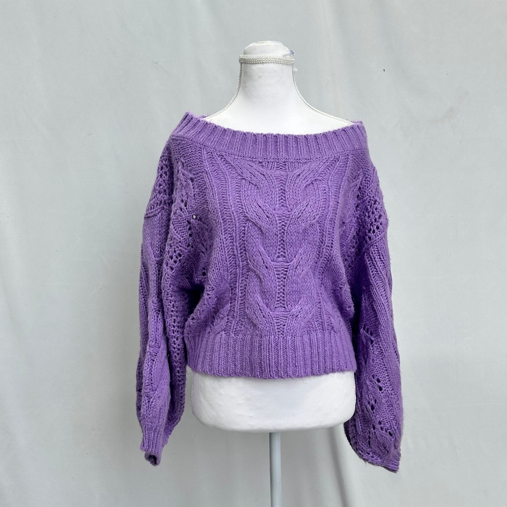Mustard Seed Women's S Sweater Purple Cable Knit Boat Neck Chunky Crop Cozy Boho